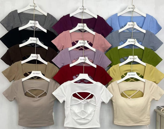 Crop Top Stretchable cross back Design - Padded