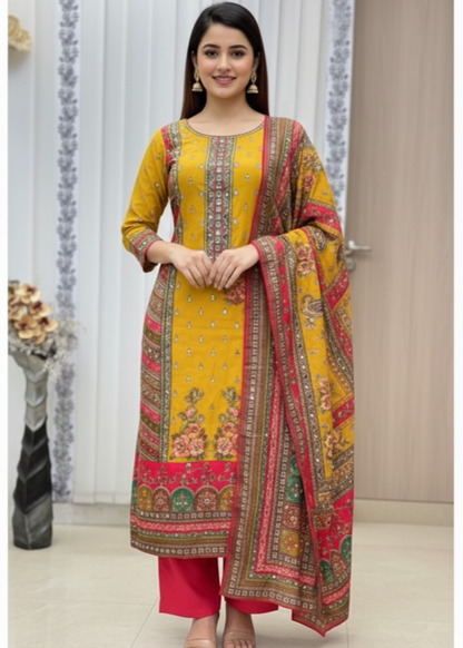 Kurti - 3 Piece Set Stitched with Multicolor Dupatta