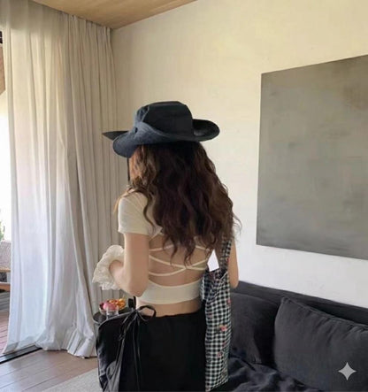 Crop Top Stretchable cross back Design - Padded