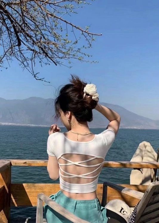 Crop Top Stretchable cross back Design - Padded