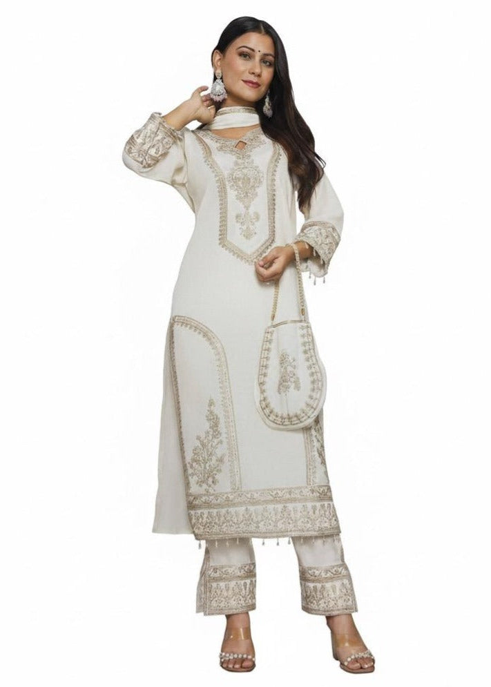 Kurti - White 3 Piece Set with Purse